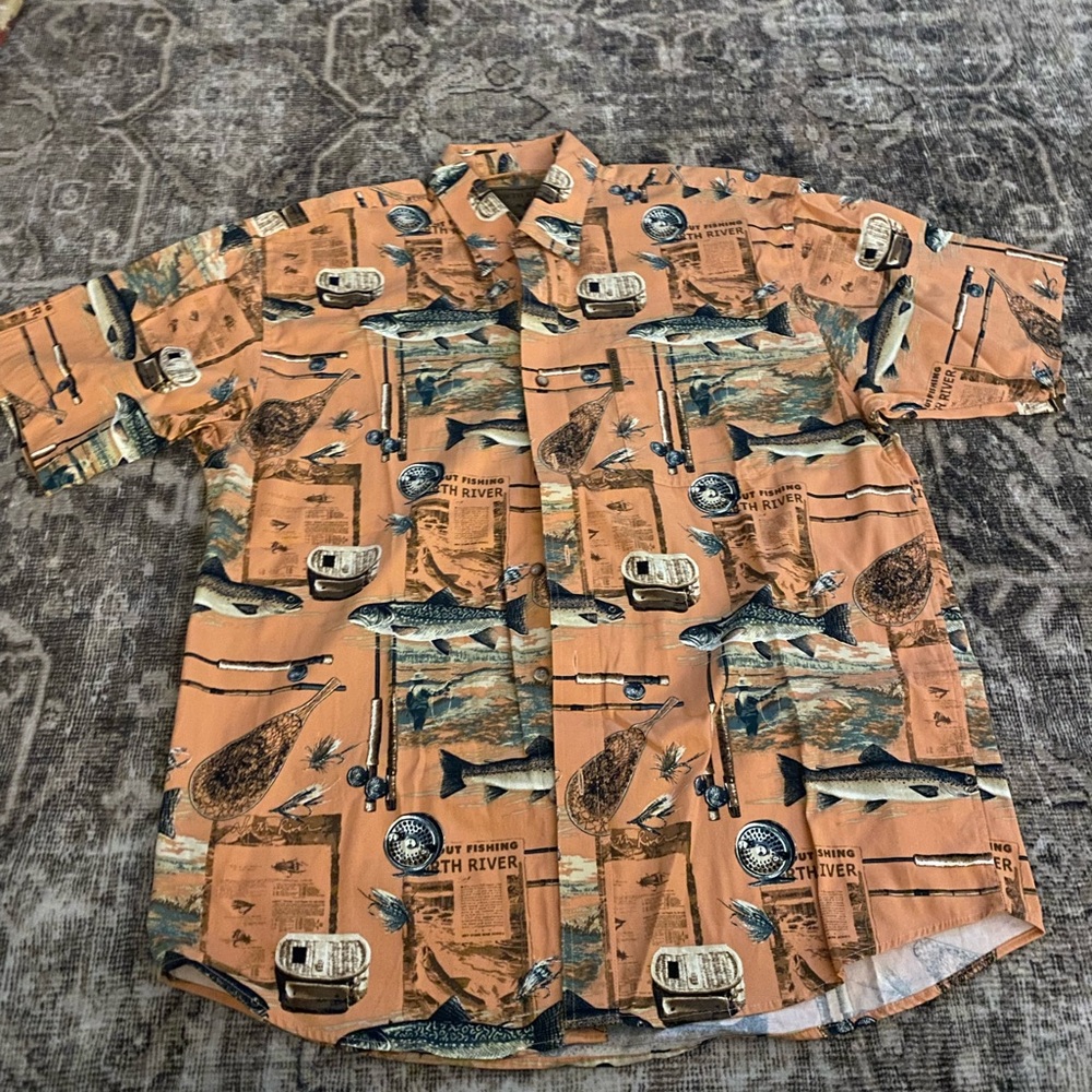 North River M Men's Fishing Print Shirt Salmon Peach Coral
